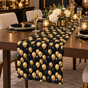 Elegantes Schwarz-Gold-Ballon-Feiermuster Kurzer Tischläufer