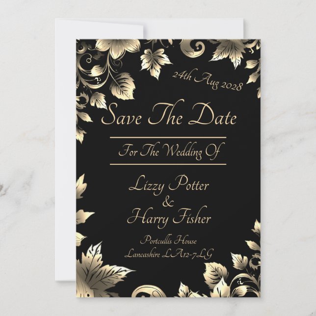 Elegantes Schwarz-Gold-Blumenspektrum Save the Dat Save The Date (Vorderseite)