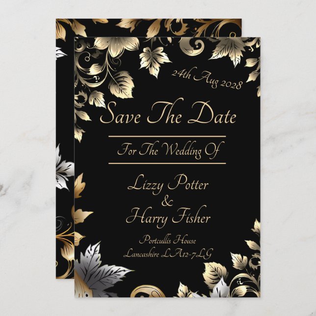 Elegantes Schwarz-Gold-Blumenspektrum Save The Date (Vorne/Hinten)