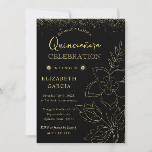 Elegantes Schwarz-Gold-Botanik-Quinceanera Einladung
