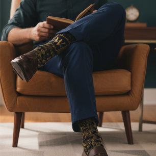 Elegantes Schwarz-Gold-Damask-Blumenmuster-Monogra Socken
