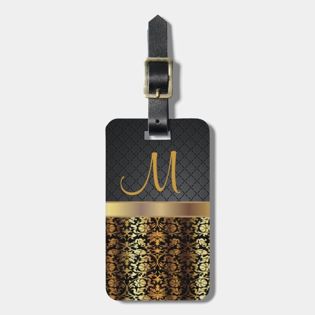 Elegantes Schwarz-Gold-Damask-Design Gepäckanhänger (Vorderseite vertikal)