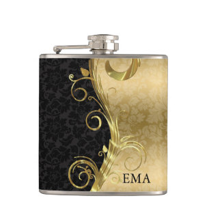 Elegantes Schwarz-Gold-Damask Flachmann
