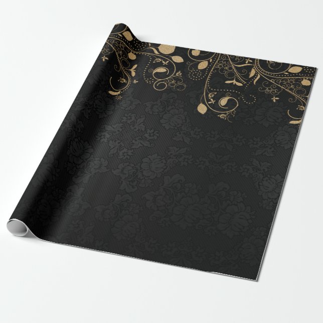 Elegantes Schwarz-Gold-Damaskus-Muster Geschenkpapier (Ungerollt)