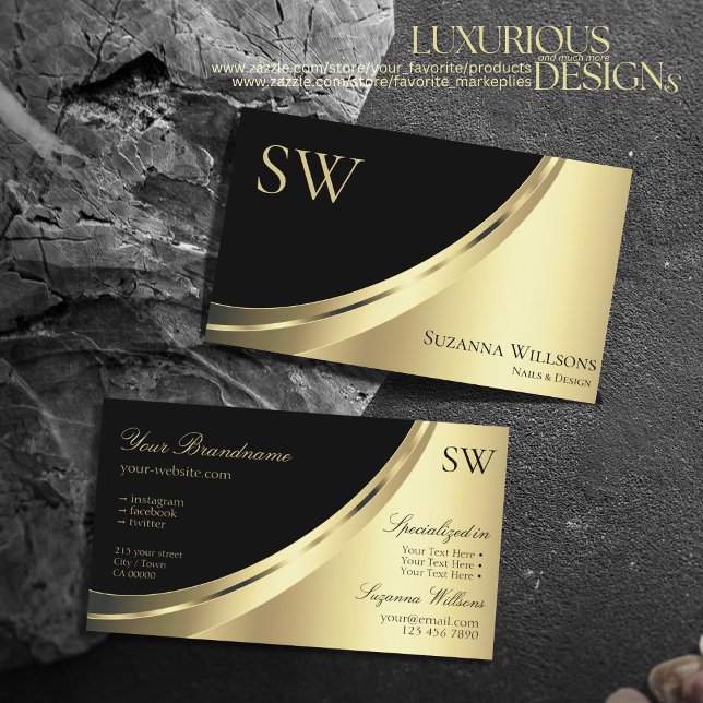 Elegantes Schwarz-Gold-Dekor mit Monogram Luxury Visitenkarte (Von Creator hochgeladen)