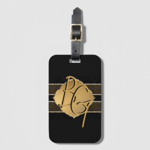 Elegantes Schwarz-Gold-Diamantmuster Initialen Gepäckanhänger