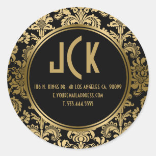 Elegantes Schwarz-Gold-Floral-Damaskus-Muster Runder Aufkleber