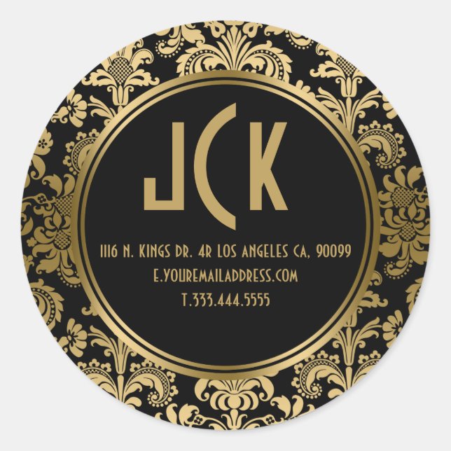 Elegantes Schwarz-Gold-Floral-Damaskus-Muster Runder Aufkleber (Vorderseite)