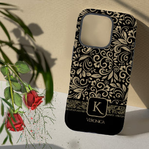 Elegantes Schwarz & Gold Floral Monogramm iPhone 16 Pro Hülle