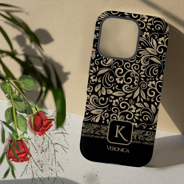 Elegantes Schwarz & Gold Floral Monogramm Case-Mate iPhone Hülle (Elegant Black& Silver Floral Monogram Case-Mate iPhone Case)