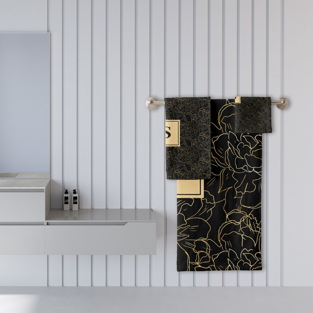 Elegantes Schwarz-Gold-Floral-Muster Badhandtuch Set (Von Creator hochgeladen)