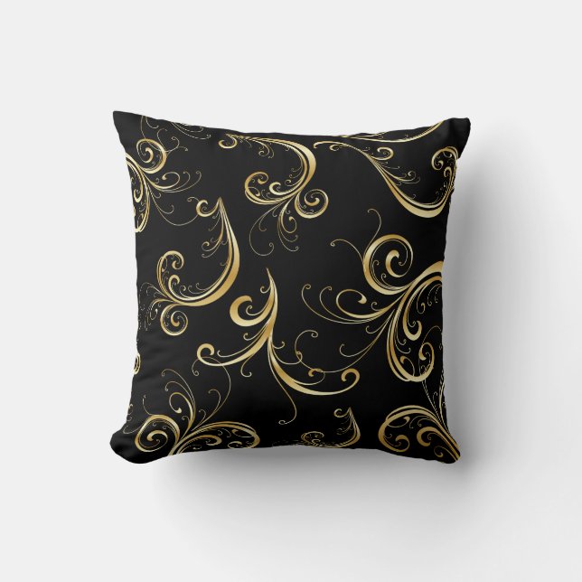 Elegantes Schwarz-Gold-Floral-Muster Kissen (Vorderseite)