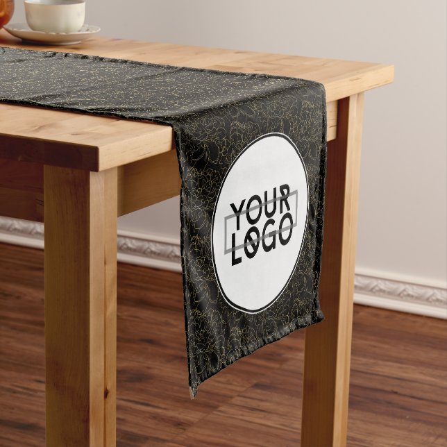 Elegantes Schwarz-Gold-Floral-Muster mit Logo Kurzer Tischläufer (Beispiel)