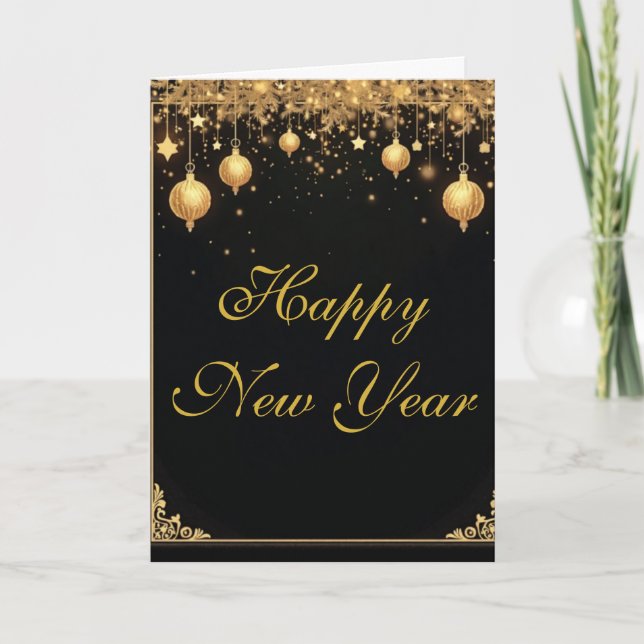 Elegantes Schwarz & Gold Frohes Neujahr Karte (Vorderseite)