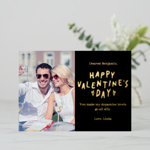Elegantes Schwarz & Gold FROHES Valentinstag-Foto Folien Feiertagskarte