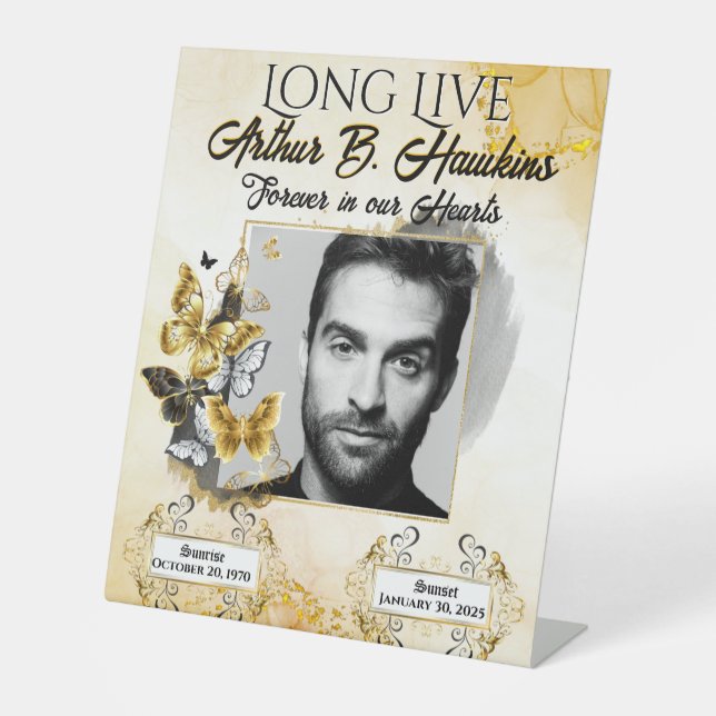 Elegantes Schwarz-Gold-Gedächtnis Foto Beerdigung Sockelschild (Vorderseite)