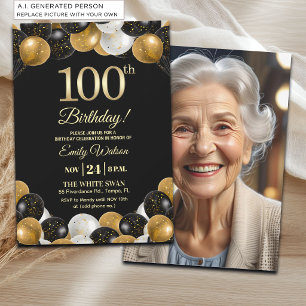 Elegantes Schwarz-Gold-Glitter 100. Geburtstagsfot Einladung