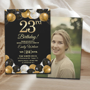 Elegantes Schwarz-Gold-Glitter 23. Geburtstagsfoto Einladung