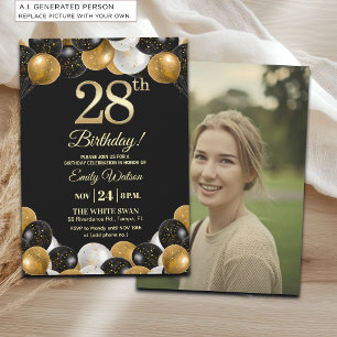Elegantes Schwarz-Gold-Glitter 28. Geburtstagsfoto Einladung