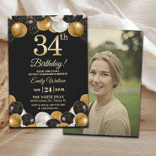 Elegantes Schwarz-Gold-Glitter 34. Geburtstagsfoto Einladung