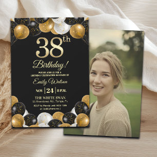 Elegantes Schwarz-Gold-Glitter 38. Geburtstagsfoto Einladung