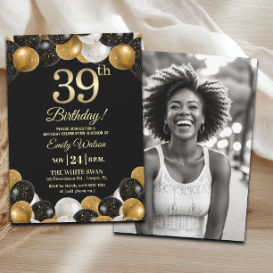 Elegantes Schwarz-Gold-Glitter 39. Geburtstagsfoto Einladung