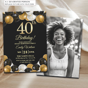 Elegantes Schwarz-Gold-Glitter 40. Geburtstagsfoto Einladung