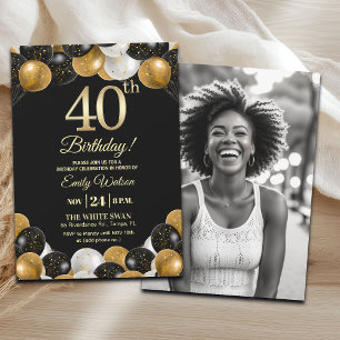 Elegantes Schwarz-Gold-Glitter 40. Geburtstagsfoto Einladung