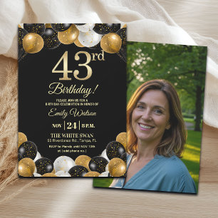 Elegantes Schwarz-Gold-Glitter 43. Geburtstagsfoto Einladung