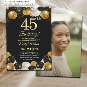 Elegantes Schwarz-Gold-Glitter 45. Geburtstagsfoto Einladung