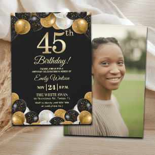 Elegantes Schwarz-Gold-Glitter 45. Geburtstagsfoto Einladung