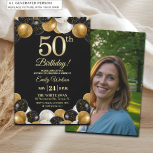 Elegantes Schwarz-Gold-Glitter 50. Geburtstagsfoto Einladung