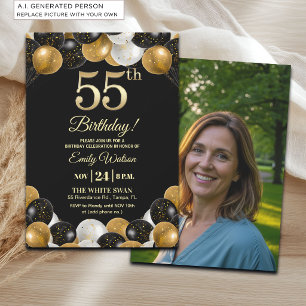 Elegantes Schwarz-Gold-Glitter 55. Geburtstagsfoto Einladung