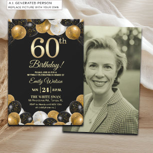 Elegantes Schwarz-Gold-Glitter 60. Geburtstagsfoto Einladung