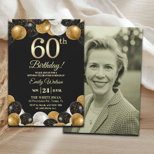 Elegantes Schwarz-Gold-Glitter 60. Geburtstagsfoto Einladung