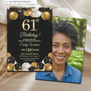 Elegantes Schwarz-Gold-Glitter 61. Geburtstagsfoto Einladung