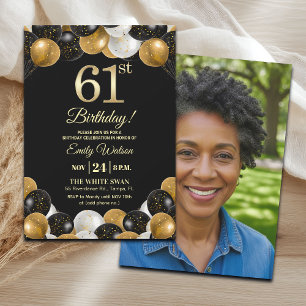 Elegantes Schwarz-Gold-Glitter 61. Geburtstagsfoto Einladung