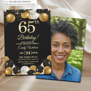 Elegantes Schwarz-Gold-Glitter 65. Geburtstagsfoto Einladung