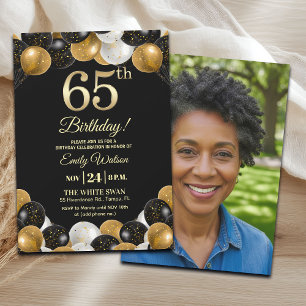 Elegantes Schwarz-Gold-Glitter 65. Geburtstagsfoto Einladung