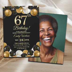 Elegantes Schwarz-Gold-Glitter 67. Geburtstagsfoto Einladung
