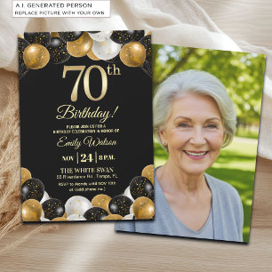 Elegantes Schwarz-Gold-Glitter 70. Geburtstagsfoto Einladung