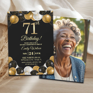 Elegantes Schwarz-Gold-Glitter 71. Geburtstagsfoto Einladung