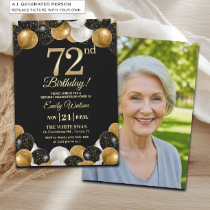 Elegantes Schwarz-Gold-Glitter 72. Geburtstagsfoto Einladung