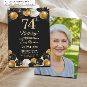Elegantes Schwarz-Gold-Glitter 74. Geburtstagsfoto Einladung