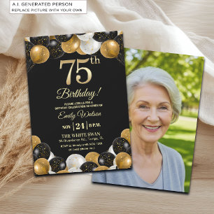 Elegantes Schwarz-Gold-Glitter 75. Geburtstagsfoto Einladung
