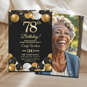 Elegantes Schwarz-Gold-Glitter 78. Geburtstagsfoto Einladung
