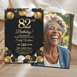 Elegantes Schwarz-Gold-Glitter 82. Geburtstagsfoto Einladung