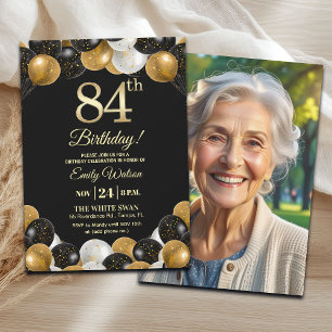 Elegantes Schwarz-Gold-Glitter-84.-Geburtstagsfoto Einladung