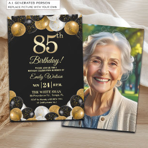 Elegantes Schwarz-Gold-Glitter 85. Geburtstagsfoto Einladung