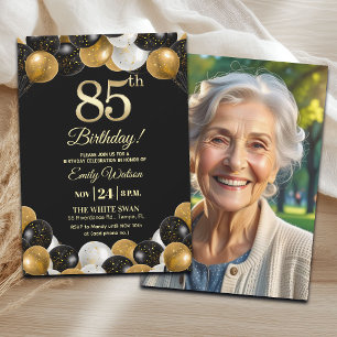 Elegantes Schwarz-Gold-Glitter 85. Geburtstagsfoto Einladung